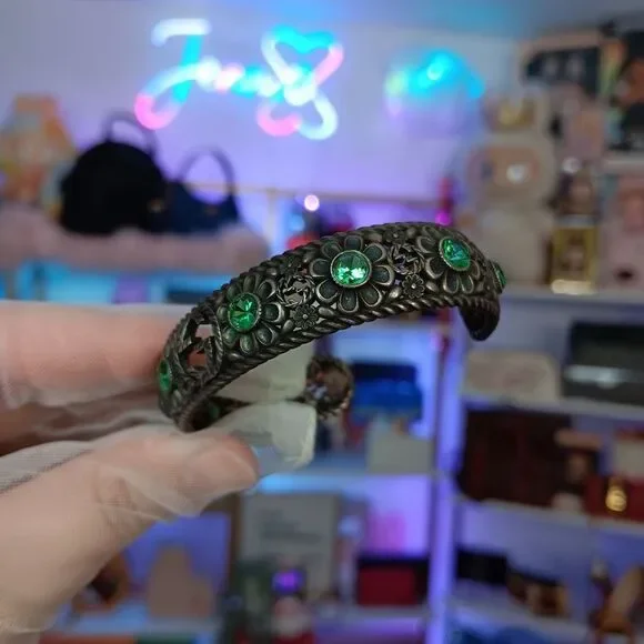 GUCCI Crystal Floral G Bangle 925 Silver Bracelet Green - Picture 7 of 14